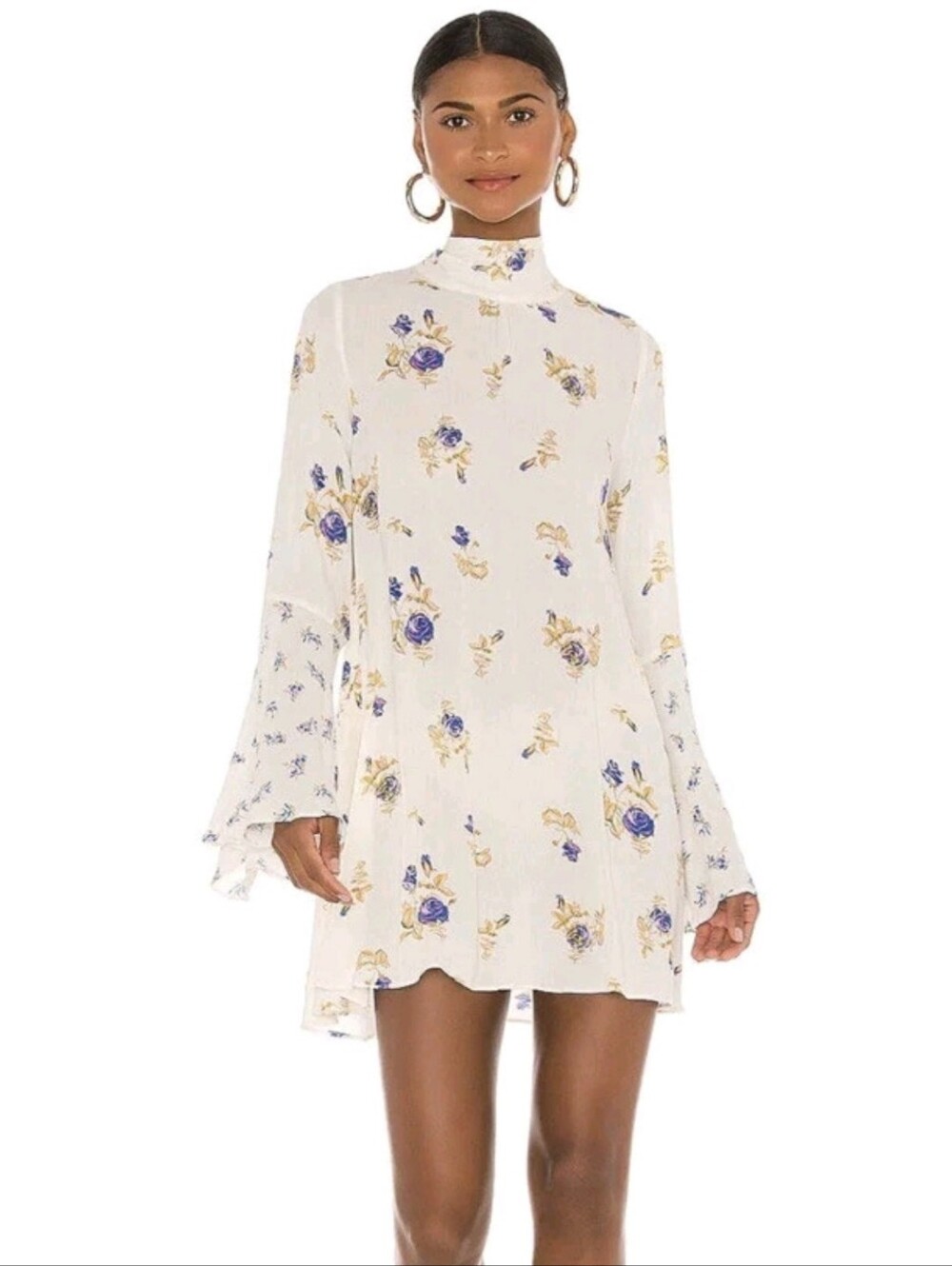 Free People Tate Mock Neck Tunic Mini Dress Open Tie Back Floral Bell Sleeve M